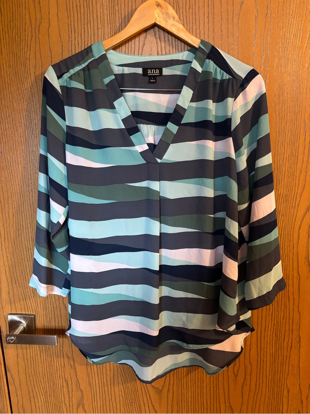 a.n.a Wave-Stripe V-Neck Blouse - Teal, Navy & White